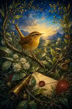 Golden Wren printable nature artwork with bird, brass telescope and sealed field letter