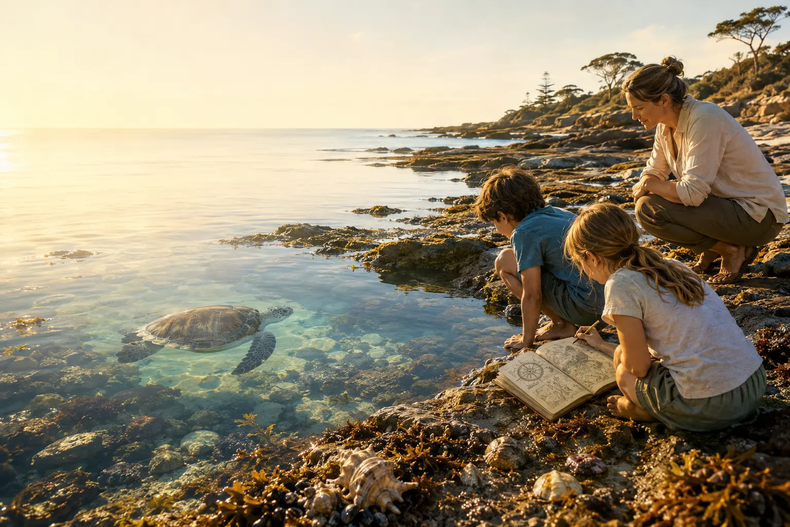 Children and a grown-up respectfully exploring a coastal rock pool where a sea turtle swims nearby