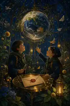 Two young Gaia’s Secret Agents studying a glowing globe inside a lantern-lit observatory
