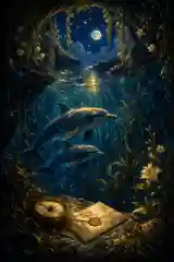 Dolphins in a moonlit ocean habitat