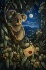 Koala in a moonlit eucalyptus habitat