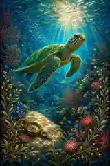 Sea turtle above a jewel-toned coral reef